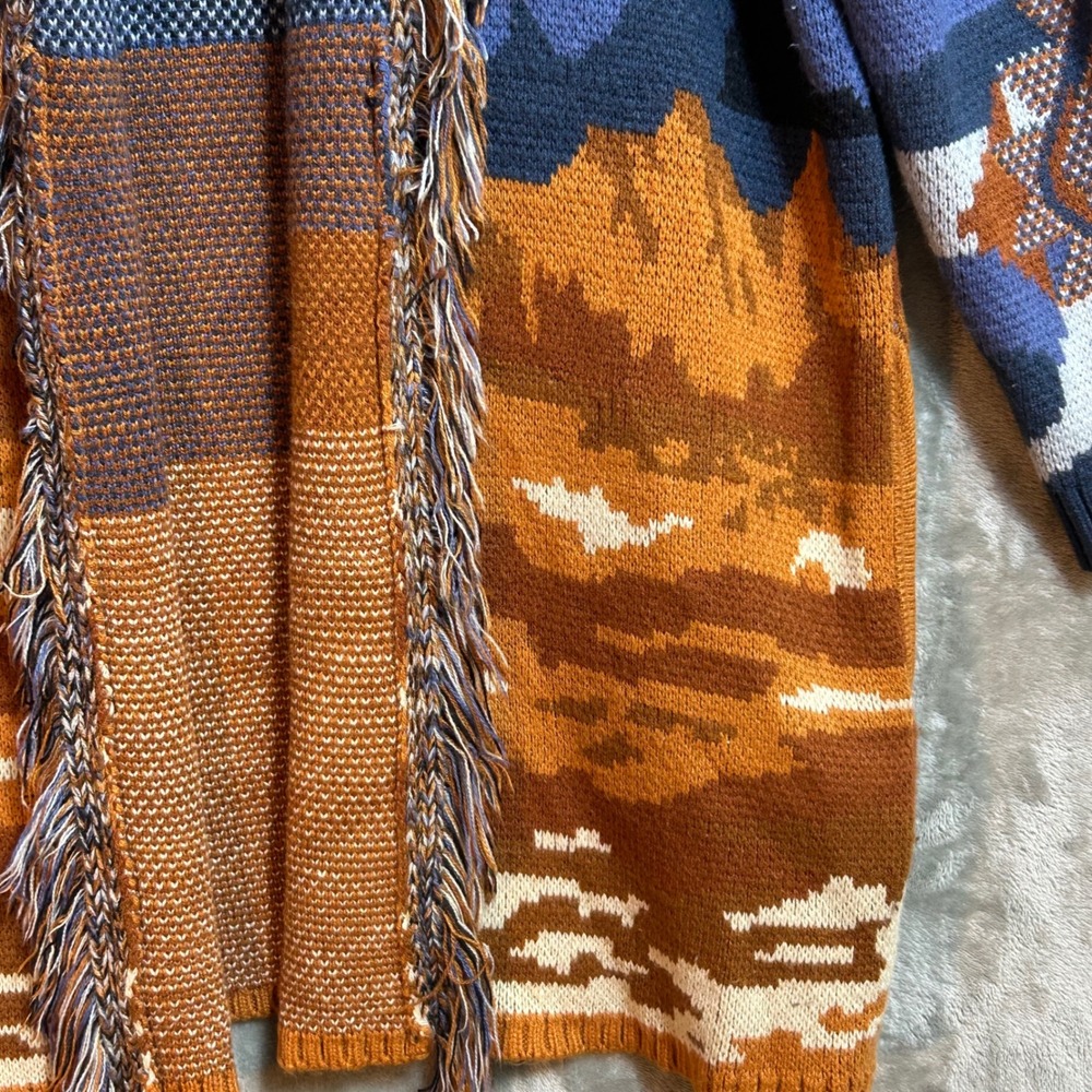 Reba Womens XL Southwest Landscape Fringe Open Front Cardigan Sweater Blue Rust - Picture 3 of 14